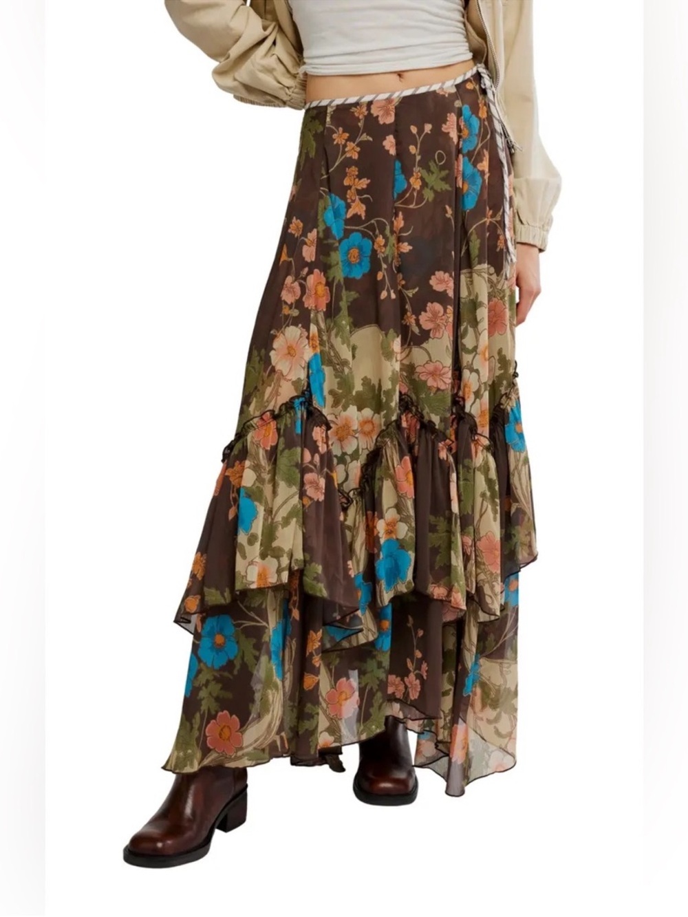 Free People Palermo Villa Chiffon Maxi Skirt in Chocolate Combo 0